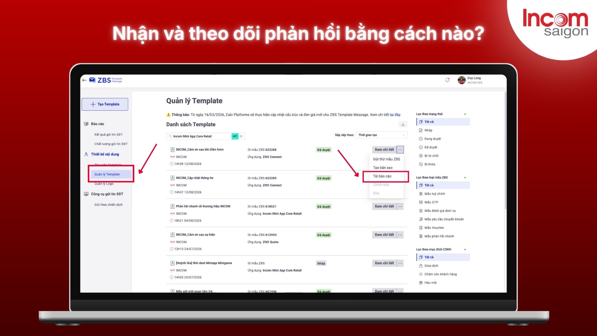 Màn hình giao diện của quản lý Template Response 